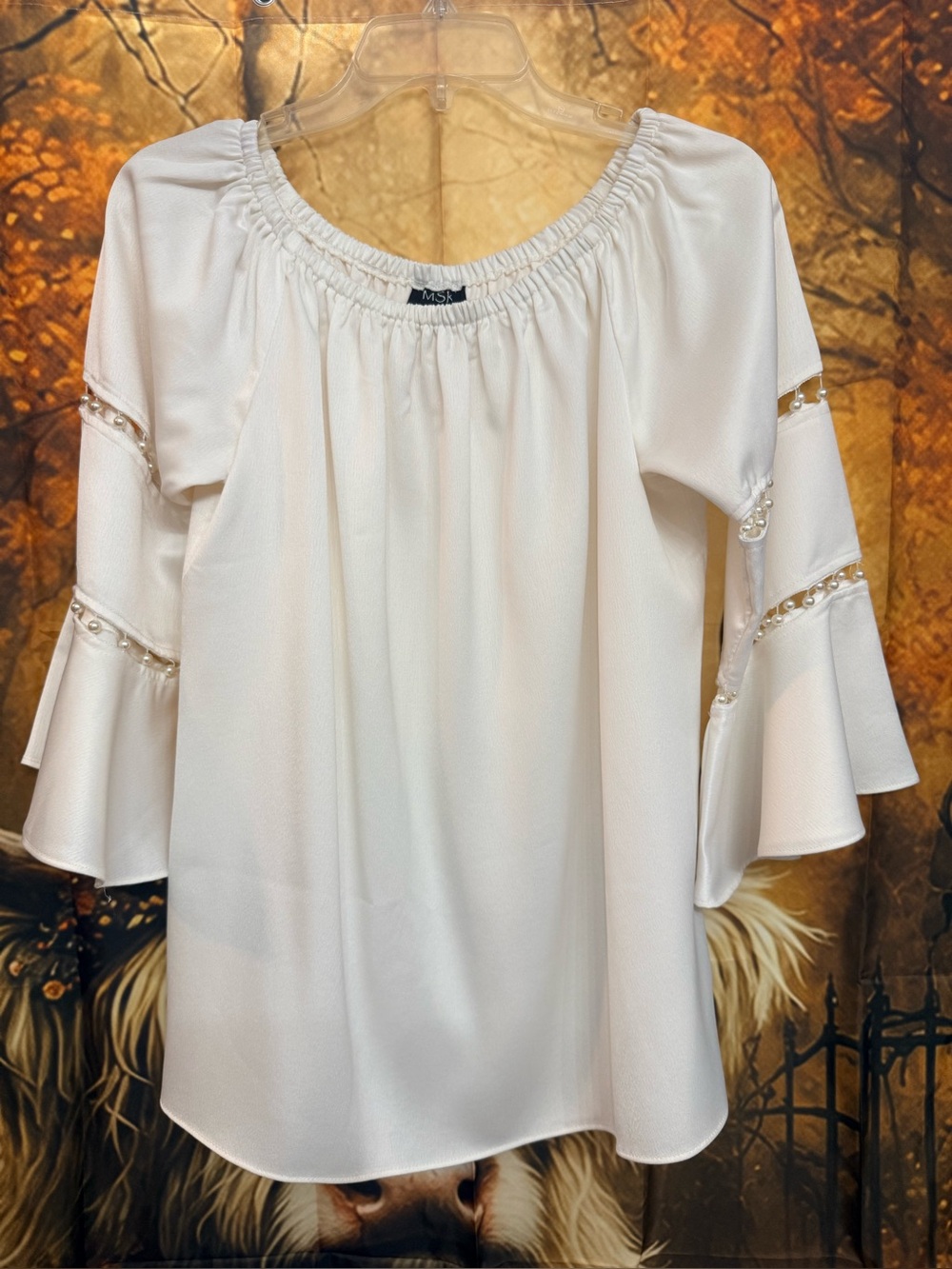 MSK Ivory Off-Shoulder Bell Sleeve Blouse with Pearl Trim